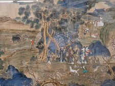 Dipinto Cinese Antico Su Seta. Paesaggio e Personaggi. Cina