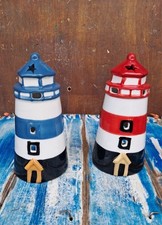 Faro Marino Ceramica Blu Rosso Porta Candela Arredo Mare Luce Tealight 