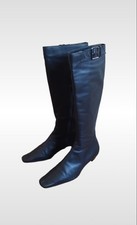 Stivali vintage di pelle neri a punta squadrata con fibbia