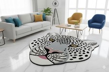 Tappeto viso leopardato grigio - design moderno animalier, tappetino morbido e antiscivolo