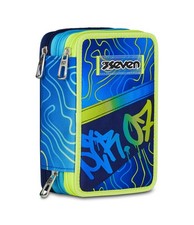 Seven Astuccio Scuola 3 Zip Blu Portapenne Triplo Scomparto Completo Di Penne