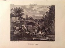 L' ABBEVERATOIO Incisione origi. XIX secolo NICOLAES BERCHEM Olanda mucche capre