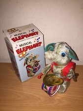 Giocattolo a Corda ELEFANTE MUSICALE con TAMBURO 13 cm Vintage Hong Kong
