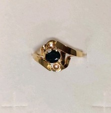 Anello vintage in Oro giallo 18 Kt 750% con vero Zaffiro E Diamantini -NUOVO!-