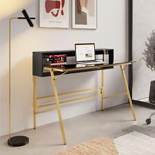 Scrivania 120x60 cm piano in vetro con mensola in legno nero e gambe dorate 