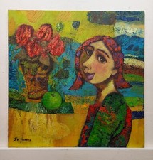 Quadro Dipinto Figura Fiori Olio Cm40x40 De Lorenzo Carlo