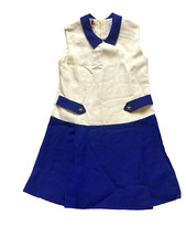 F.W Fischer Dress Womens Extra Small Beige Navy Shift Collared Star Button Lady