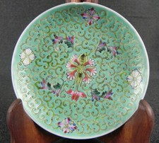 Piccolo ANTICO Piattino CINESE Famille Rose Colorato Verde Secolo 18Th MARCHIATO
