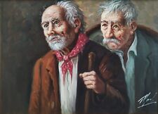 Ritratto di due vecchi realista italiano dipinto olio su tela firmato