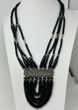 Collana Vintage Silvertone Multifilo Legno Nero Perline Stile Tribale 20"