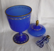 Vintage Italian Murano Blue Enameled Opaline Glass Vase Jar 1970 Circa