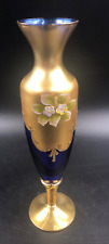 Vaso Soprammobile Murano vetro blu cobalt fiori smalto rilievo oro vecchio