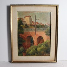 Quadro Antico Ponte Porta Bassignana Valenza di P. Porta Olio su Cartone Telato