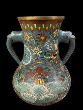 Antico vaso biansato Cinese cloisonne' con anse smalti turchesi epoca XIX secolo