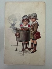 cartolina illustrata bambini CASTAGNE CALDARROSTE Ubalde USATE PACCHI URGENTI