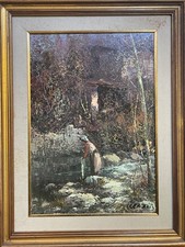 Dipinto olio su tela, donna al torrente, XX secolo, Cerrai