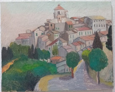 Dipinto Paese di montagna arroccato Quadro Olio su tela 50x40 cm Firmato
