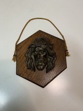 Placca testa Gesu Cristo ottone bronzato su legno 20x20