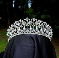 Corona da sposa Tiara Principessa Diana in oro bianco 14 carati con perle a g...