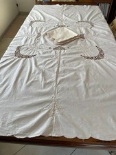 tovaglia quadrata vintage in cotone beige cm. 160 x 160 ricamo a mano e 8 tovagl