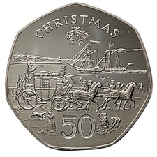 1980 * 50 Pence Argento Isola di Man "Natale - Cavallo e Carrozza in Banchina" (
