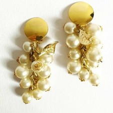 Orecchini a clip in metallo dorato, perle, grappolo d'uva, foglie, vintage, anni '80