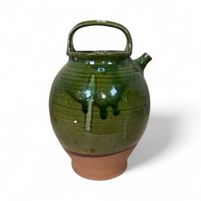 Antica brocca/folle ad acqua provenzale francese in terracotta smaltata verde MCM