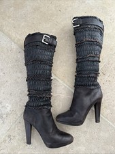 MIU MIU GINOCCHIERE IN PELLE CON VOLANT MARRONE TAGLIA 38,5