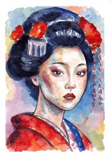 Geisha acquerello e china dipinto a mano arte orientale originale