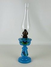 Antica Lampada A Petrolio In Vetro Opale Azzurro 44cm Epoca XX Sec.