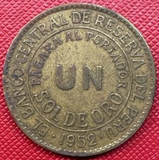 Peru 1952 Brass 1 Sol de Oro