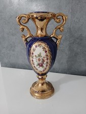 Vaso in Ceramica Porcellana Blu Cobalto e Oro Decorazione Floreale Vintage CAL