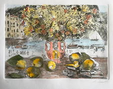 Michele Cascella "Vaso di Fiori a Portofino" Incisione acquarellata firmata