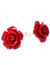 Orecchini a lobo autentico corallo rosso intagliato rosa 14 mm argento 925 NUOVI