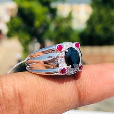 Riscaldato Zaffiro & Rubino Con 14K Placcato Oro Bianco Argento Uomo Anello