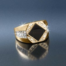 Naturale Onice Nera Gemma Con 14K Argento Placcato Oro Anello per Uomo #1230