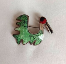 Ciondolo spilla uccellino DODO smalto verde argento sterling stile Graziella Laffi vintage