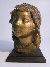 Scultura volto bambina statua vintage su base legno soprammobile epoca XX sec.