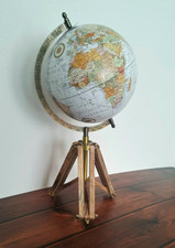 MAPPAMONDO + TREPPIEDI LEGNO H 45 ARREDO STILE VINTAGE GLOBO ø 25 cm. BIANCO