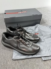 Prada Sneakers Americas Cup Mens US 9 Gray Leather Silver Low Top Shoes PS0906