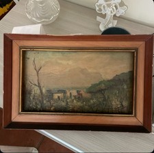 quadro antico dipinto a olio su tela 900 paesaggio montano montagna con cornice