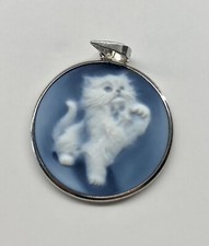  CIONDOLO IN ORO BIANCO 18kt 750 CON CAMMEO NATURALE RAFFIGURANTE GATTO