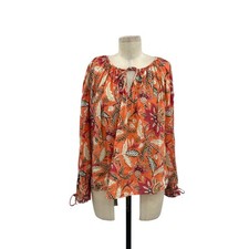 Antik Batik Kalao Peasant Blouse Top Floral Long Sleeve Flowy Orange Pink Medium