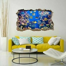 ADESIVO MURALE WALL STICKERS SQUARCIO MURO ARREDO EFFETTO 3D ACQUARIO CORALLI