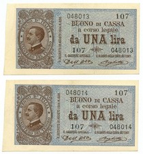1 LIRA LOTTO 2 BUONI DI CASSA CONSECUTIVI EFFIGE V. EMANUELE III 02/09/1914 SUP