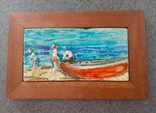 Scena spiaggia metà secolo dipinta a mano con cornice ceramica piastrelle rilievo decorazione Italia