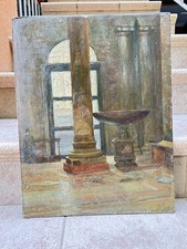 DIPINTO  OLIO SU  TAVOLA INTERNO  LUOGO SACRO FIR. IN BASSO DESTRA OIL PAINTING