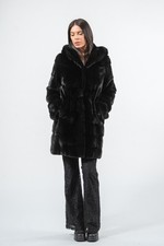 Giacca in vera pelliccia di visone orizzontale blackglama con cappuccio