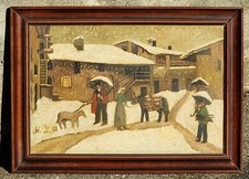 Quadro naif, paesaggio innevato con contadini, siglato N. D. '61 , olio su tela