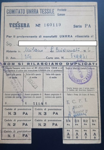 Tessera comitato unrra tessile - comitato,